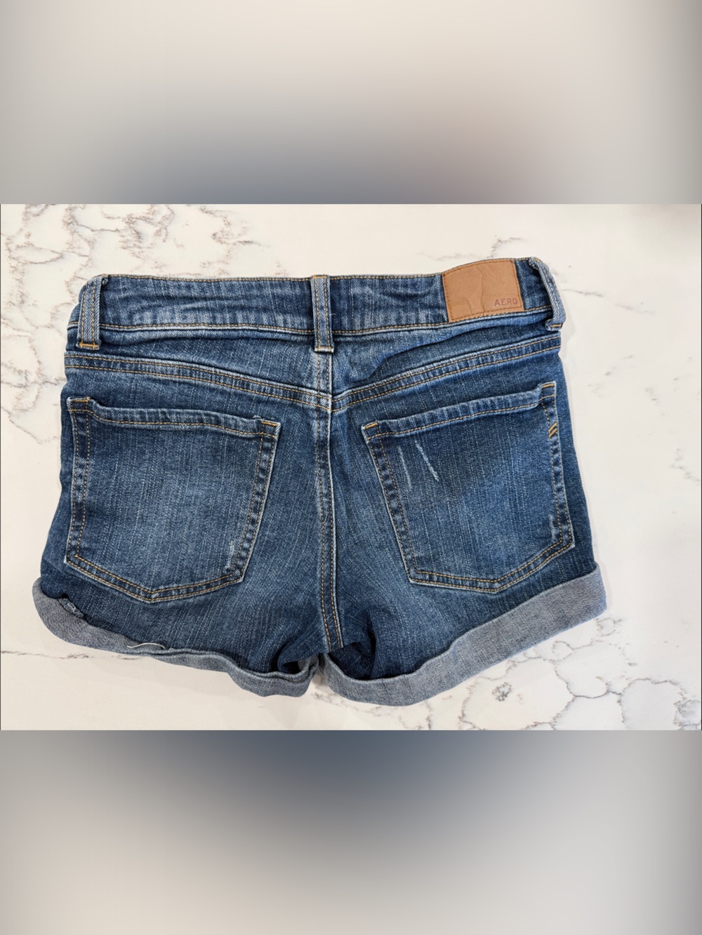 AERO Women's Dark Blue Distressed Rolled Cuff Denim Shorts - Picture 5 of 5